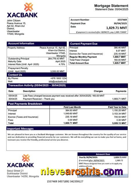 Mongolia XacBank mortgage statement Word and PDF template